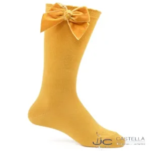 Calcetines lisos altos con lazo de terciopelo Mostaza