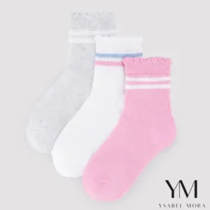 Pack 3 calcetines cortos infantiles detalle puño rizado y rayas contrastadas
