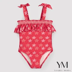 Bañador niña detalle volante estampado estrellas marinas rojo