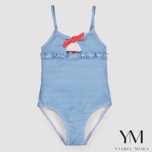 Bañador niña detalle lazo y volantes estampado rayas