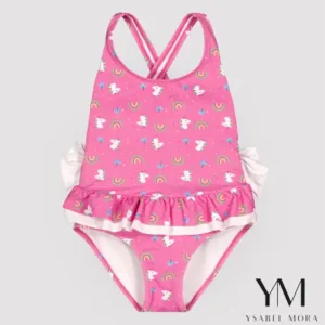 Bañador niña detalles volantes y lazos estampado unicornios rosa