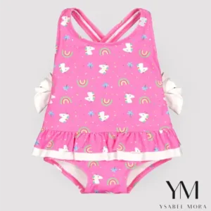 Bañador bebé niña detalles volantes y lazos estampado unicornios