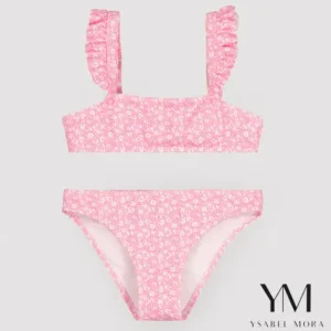 Conjunto bikini niña detalles volantes estampado leopardo rosa