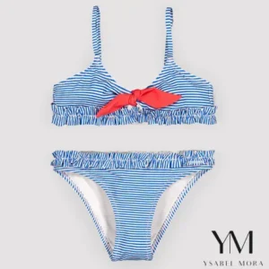 Bikini niña detalle lazo y fruncidos estampado rayas