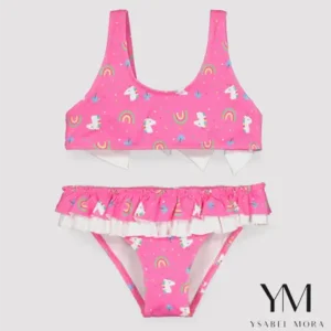 Bikini niña detalle volantes y lazos estampado unicornios rosa